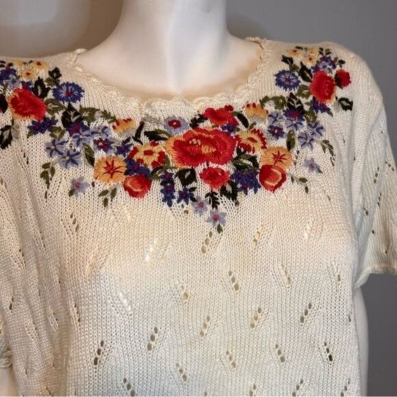 Vintage Short Sleeve Lightweight Hand Embroidered Open Knitted Sweater Size L - Picture 9 of 10
